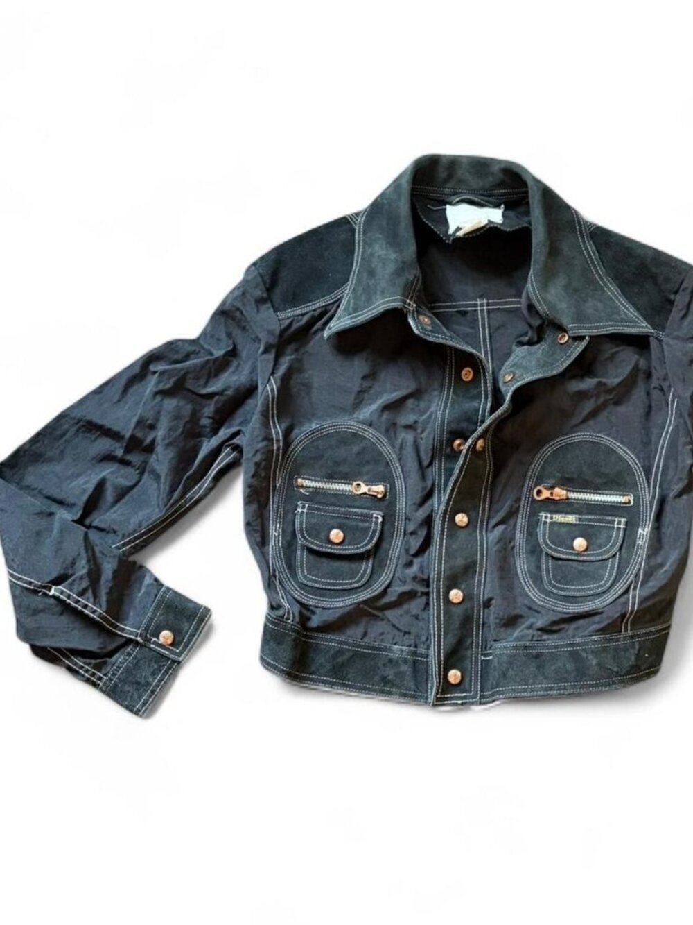 Vintage 90s Archive DIESEL Heavy Black Suede Cropped Trucker Jacket M Contrast